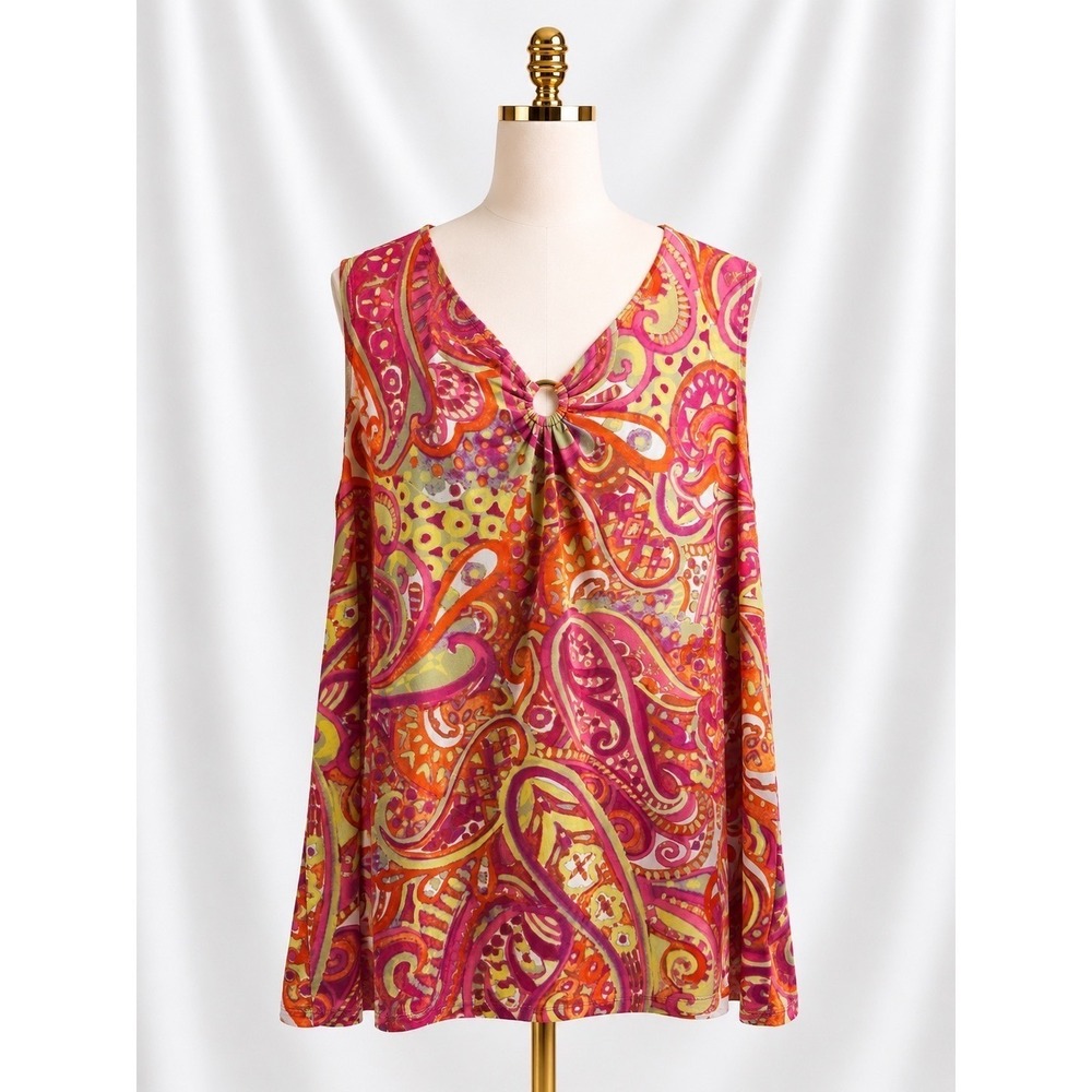 Susan Graver Liquid Knit Tunic Tank Top Size 1X Pink Orange Paisley Ring Front
